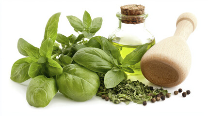 Fresh herbs and oil arranged with mortar, showcasing vibrant green basil leaves and dried spices, creating culinary atmosphere