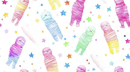 Friendly mummies wrapped in colorful patterns surrounded by stars create whimsical and cheerful atmosphere