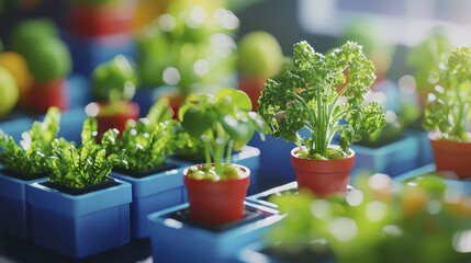 Fresh vegetables growing in colorful pots, showcasing vibrant greens and healthy plants, creating lively atmosphere