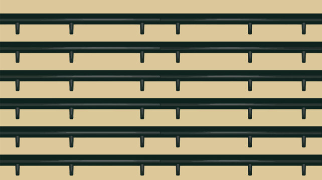 A repeating pattern of dark green horizontal pipes with short vertical supports against a beige background