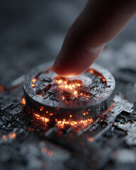 Finger touches glowing digital coin on circuit board symbolizing global currency reset with futuristic technology and innovation in finance and digital assets