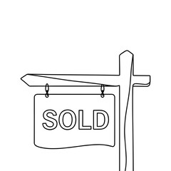 Minimal One Line Drawing of Real Estate Sold Sign, Continuous Line Art of Property Sale Board, Simple Hand Drawn Outline for Realtor or Housing Business Design