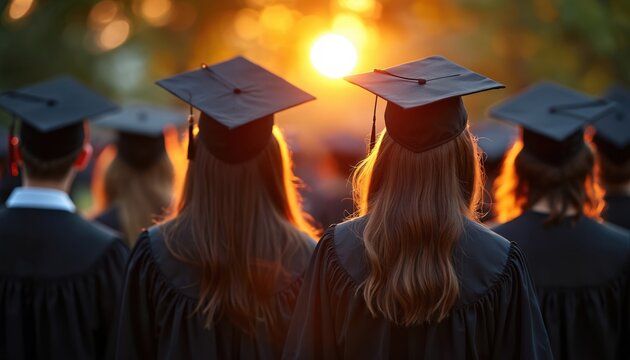 Graduation day with students in black gowns. Mortarboards on heads against sunset. Education concept with graduates wearing academic dress celebrating degree success. Future generation walking