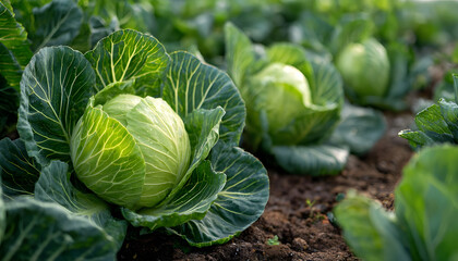 Fresh cabbages growing in an agricultural field