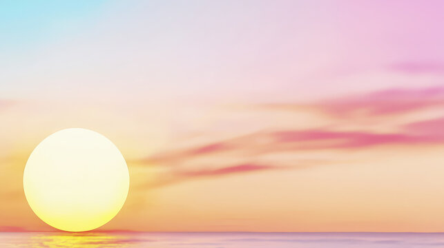 Serene gradient sunset sky with large sun casting warm pink and orange hues over calm ocean