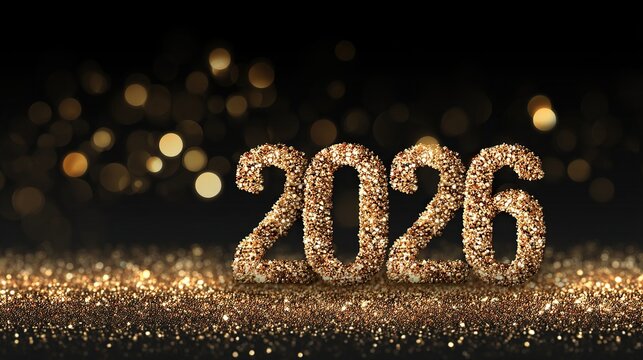2026 golden balloon New Year banner, bokeh effect on a black background. Ultra-realistic vector illustration, high-resolution professional color grading.