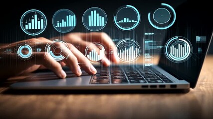Close-up of hands typing on laptop, futuristic holographic data analysis display - Powered by Adobe