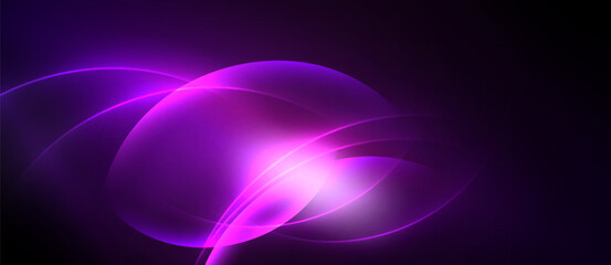 Abstract purple swirls, luminous curves, dark background. Bright center radiates energy, creating dynamic visual effect.