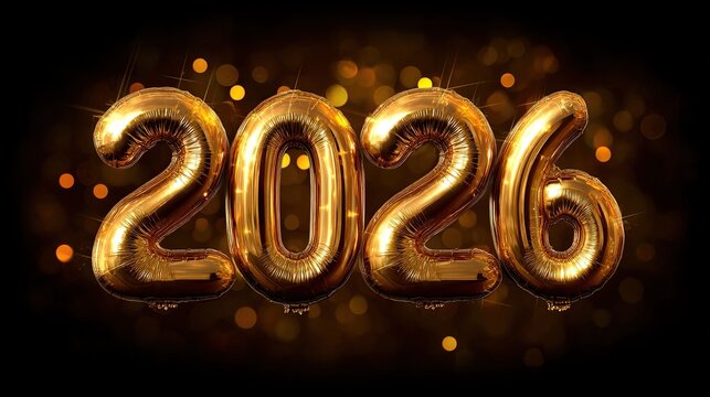 2026 golden balloon New Year banner, bokeh effect on a black background. Ultra-realistic vector illustration, high-resolution professional color grading.