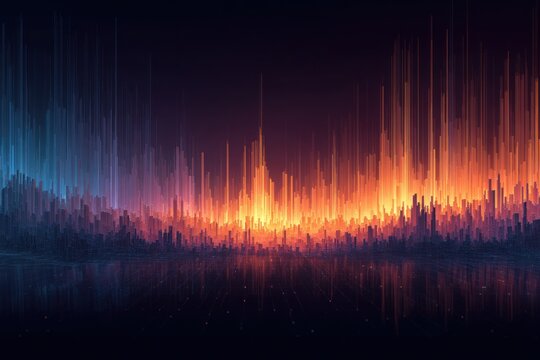 Dynamic sound wave visualization digital art abstract landscape night scene high contrast conceptual design - Powered by Adobe
