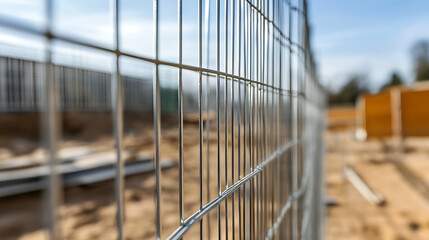 Metallic fence close-up. The fence consists of metal vertical and horizontal wires, creating geometric patterns. Light blue sky and construction site can be seen in the background.