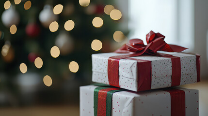 Holiday themed gifts stacked in front of beautifully decorated Christmas tree, creating warm and festive atmosphere