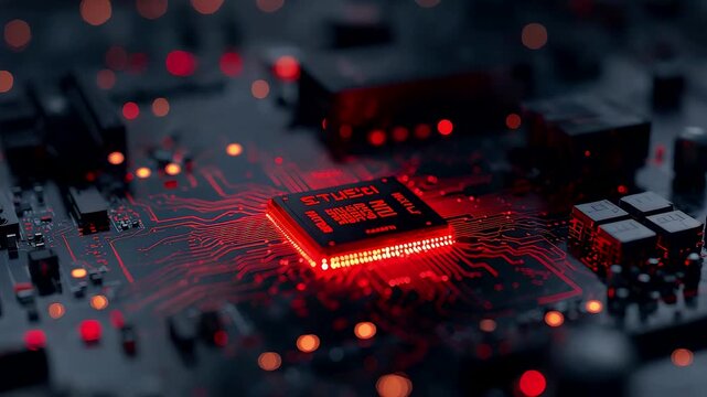 Glowing red microchip on electronic motherboard with digital circuits and components, modern technology concept of data processing power