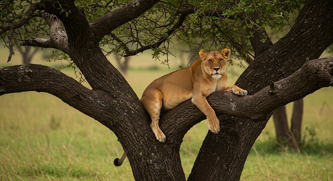 Young Lioness Resting on Tree Branch in African Savannah.