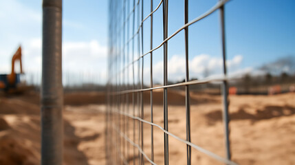 Captured through wire mesh, an excavator hints at unseen work under a blue sky. The fence blurs the divide between observation and engagement with this staged construction.