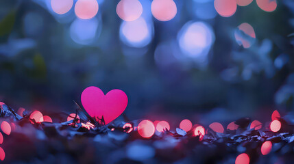 Vibrant heart shape surrounded by soft glowing lights creates romantic atmosphere in natural setting