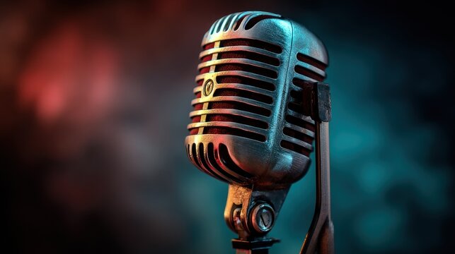 Live music performance featuring vintage microphone in a studio environment with dramatic lighting
