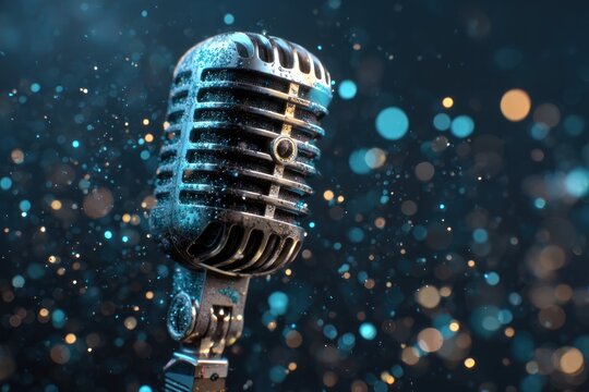 Live music performance concert venue microphone close-up colorful lights dramatic perspective sound and vibration concept