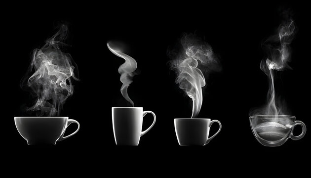 Tea smoke, coffee cup, food steam or vapor clouds, realistic white cigarette or hookah steam trail, hot dish or mug haze isolated design elements on black background