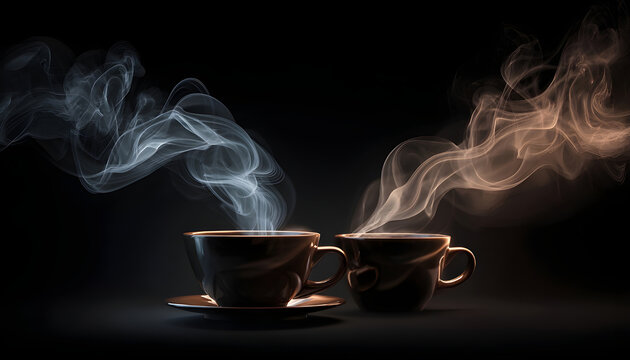 Tea smoke, coffee cup, food steam or vapor clouds, realistic white cigarette or hookah steam trail, hot dish or mug haze isolated design elements on black background