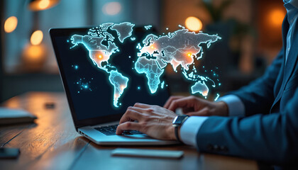 Businessman types on laptop at desk. Screen shows world map with glowing points. Data networking connects continents. Corporate worker using digital technologies for global reach, online