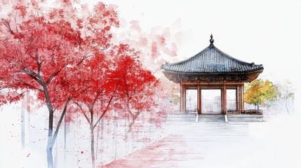 Serene scene featuring traditional pavilion surrounded by vibrant red maple trees, capturing beauty of nature and architecture