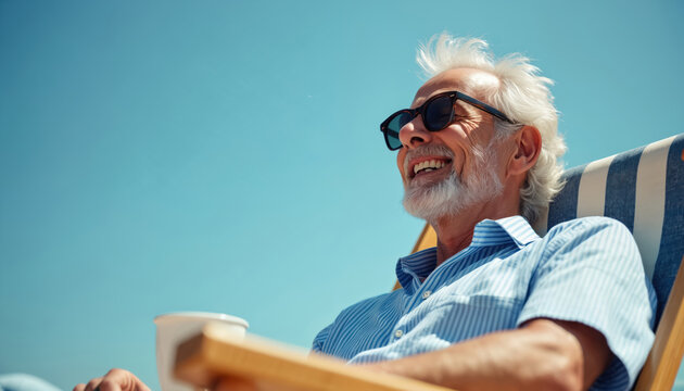 Happy senior man enjoys sun. He relaxes in beach chair with sunglasses. He smiles in summer. Elderly male rests during vacation on sunny day. Sky background. - Powered by Adobe