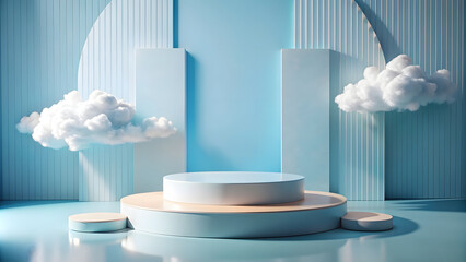 Minimalistic display podium with clouds. mock up