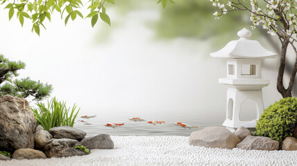 Serene Japanese garden featuring lantern, koi fish pond, rocks, and greenery, evoking tranquility and peace