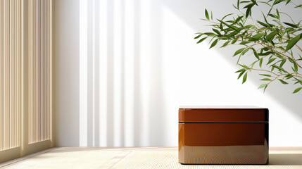 Modern lacquered box sits elegantly serene interior space, surrounded by natural light and greenery, creating peaceful