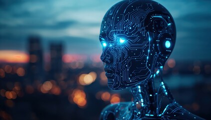 Futuristic AI robot overlooking vibrant city lights at dusk, embodying modern technology and innovation for cutting-edge designs