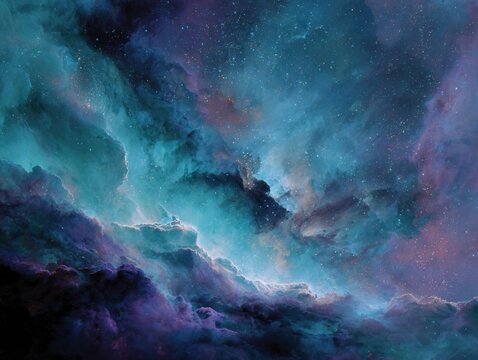 Celestial clouds and stars cosmic landscape digital art night sky aesthetic view universe concept