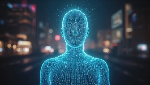 Futuristic digital avatar stands in vibrant city night, embodying advanced technology and artificial intelligence for innovative solutions