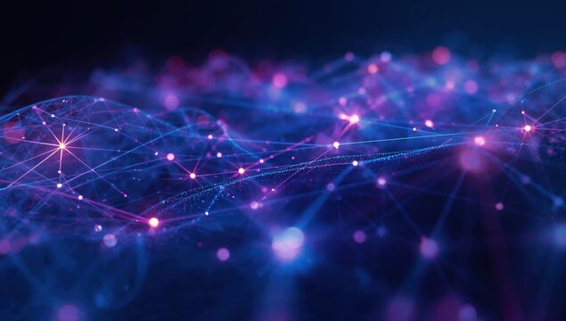Dynamic network of glowing nodes and connections creates a futuristic technology concept, ideal for innovation and digital transformation projects