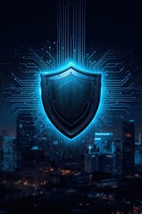 Cybersecurity shield protecting digital data flow in modern city at night, offering network security solutions and robust data protection services