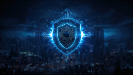 Cybersecurity shield protecting digital city with AI, offering powerful data protection for future technologies and network security needs