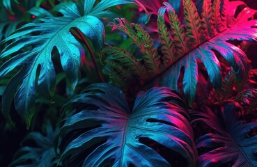 Neon colored leaves glow pink, blue. Tropical jungle flora with vibrant light, modern art style. Concept for creative designs, party flyers, night club posters. Exotic plants background for digital