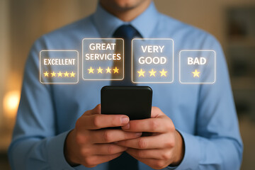 Man holding a mobile phone evaluating service quality with digital star ratings for excellent, great services, very good, and bad, representing customer feedback collection