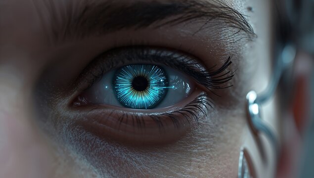 Intense futuristic eye with glowing blue technology for cybernetic enhancements and advanced biotech concepts in science fiction design - Powered by Adobe