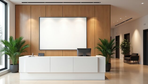 Modern office reception area with a large blank frame on wood paneling. White counter has computer. Plants and seating in lobby. Neutral space for branding.