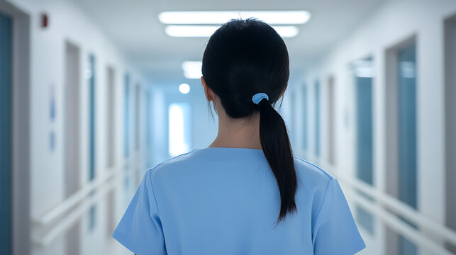 A healthcare worker strides confidently down a bright hospital corridor, a symbol of dedication and service. The future of medical care on display.