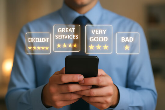 Man holding a mobile phone evaluating service quality with digital star ratings for excellent, great services, very good, and bad, representing customer feedback collection