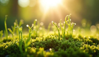 Photo of green moss with water droplets. Sun shines on details of nature. Freshness purity and clarity are combined. Natural colors and textures close up view.