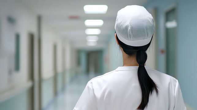 A healthcare professional is seen walking through a brightly lit hospital corridor, a symbol of dedication and service in the medical field, ready to provide care and support.