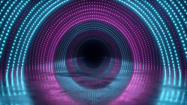 Dynamic neon tunnel journey with vibrant pink and blue lights reflecting
