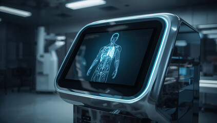 Cutting-edge medical technology displays a detailed human anatomy scan for innovative diagnostics and patient care in a modern hospital setting