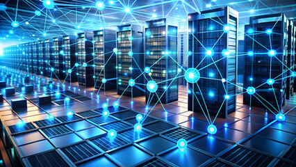 Futuristic server room with blue network hologram over cityscape background