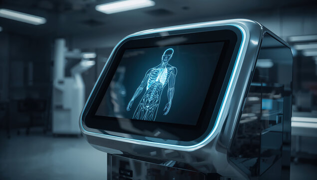 Cutting-edge medical technology displays a detailed human anatomy scan for innovative diagnostics and patient care in a modern hospital setting