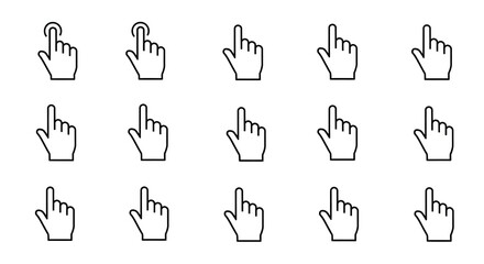 Interactive Cursors: Set of hand gestures, ideal for guiding users, offering visual cues, and signifying interactive elements. A collection of line art symbols, essential for websites and interfaces.