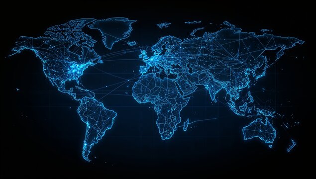 Global network connections illuminated on a digital world map with bright blue lights
